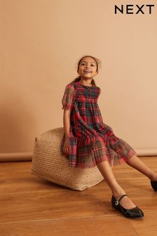 Red/ Black Check Short Sleeve Tiered Mesh Party Dress (3-16yrs) (746385) | €9 - €12