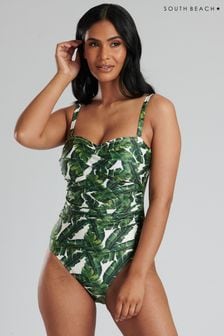 South Beach Green Leaf Print Twist Swimsuit with Tummy Control (746962) | 183 QAR