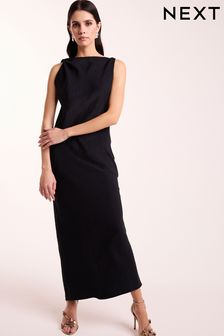 Granatowy - Sukienka bez rękawów o prostym kroju z węzełkami na ramionach i metalicznymi włóknami (747891) | 345 zł