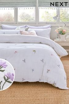 White Floral Embroidered Duvet Cover and Pillowcase Set (749214) | AED176 - AED308