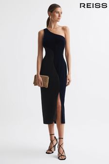 Reiss Black/Navy Cassie One-Shoulder Velvet-Satin Midi Dress (749541) | kr4,520