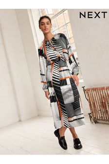 Monochrome/Orange Abstract Print Tie Neck Long Sleeve Midi Dress (750097) | 62 €