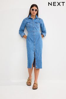 כחול בהיר - שמלת חולצה באורך מידי מג'ינס (750126) | ‏154 ‏₪