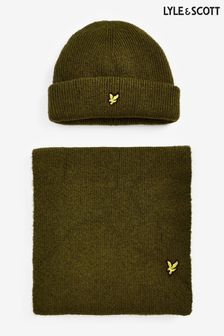 Lyle & Scott Olive Green	Chunky Beanie Hat and Scarf Set (751391) | LEI 388