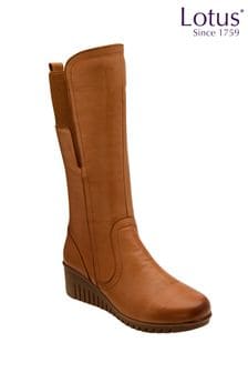 Lotus Brown Leather Wedge Knee-High Boots (752127) | 495 QAR