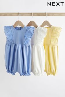 Blue/Yellow Broiderie Baby Rompers 3 Pack (752434) | SGD 30 - SGD 37