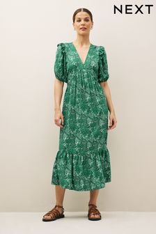 Green Floral Ruffle Detail Puff Sleeve Midi Dress (752921) | €27