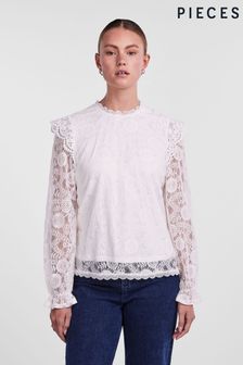 PIECES White Long Sleeve Lace Frill Blouse (753338) | $46