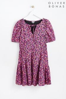 Oliver Bonas Pink Floral Print Puff Sleeve Mini Dress (754128) | €43