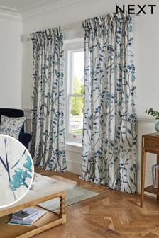 Blue Isla Floral Print Ruffle Top Lined Curtains