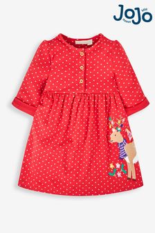 JoJo Maman Bébé Red Reindeer Appliqué Button Front Dress (756756) | kr450