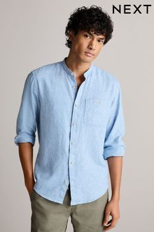 Blue Grandad Collar Linen Blend Long Sleeve Shirt (758355) | 42 €