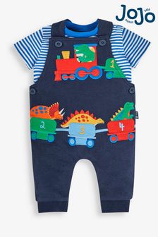 JoJo Maman Bébé Navy 2-Piece Dino Train Appliqué Dungarees & Top Set (758437) | €34