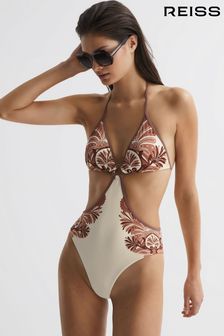 Reiss Tan Natalie Printed Cut-Out Halter Neck Swimsuit (758757) | 61,740 Ft