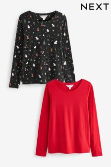 Red/Christmas Print Long Sleeve Christmas Crew Neck Top 2 Pack (759402) | €11