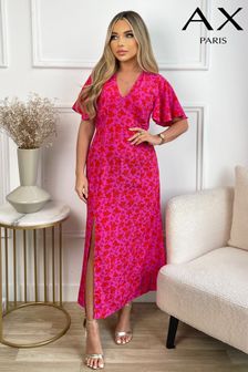 Розовое платье миди с короткими рукавами, V-образным вырезом и цветочным принтом Ax Paris (759838) | €32
