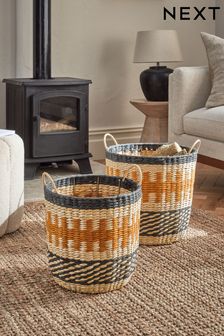 Set of 2 Terracotta and Black Woven Water Hyacinth Storage Baskets (761656) | OMR23