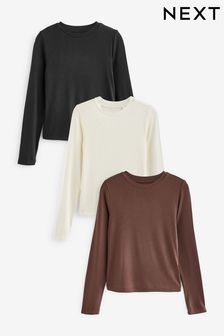 Multi Neutral Long Sleeve Soft Touch Ribbed TENCEL™ Tops 3 Pack (762695) | 162 QAR