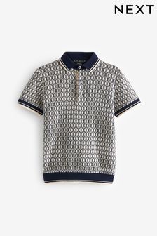 Navy Blue/White Knitted Short Sleeve Geo Pattern Polo Shirt (3-16yrs) (764932) | $41 - $56