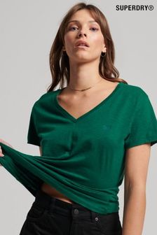 Zielony - Haftowana koszulka Superdry z dekoltem w szpic (768931) | 125 zł