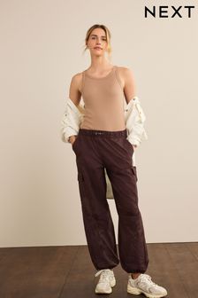 Brown Embroidered Parachute Cotton Cargo Trousers (769146) | €14