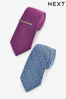 Fuchsia Pink/Blue Regular Textured Ties 2 Pack With Tie Clip (769968) | AED71