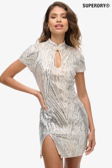 Superdry Silver Deco Sequin Mandarin Sequin Mini Dress (770013) | $105