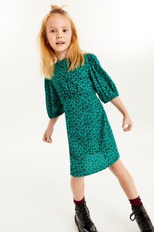 Green Animal Printed Puff Sleeve Dress (3-16yrs) (770749) | €8 - €11