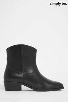 Simply Be Black Leather Western Black Ankle Boots In Wide Fit (771694) | €33