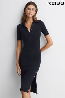 Reiss Navy Remi Knitted Bodycon Polo Midi Dress (773493) | AED1,354