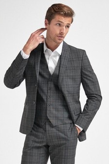 Charcoal Grey Slim Fit Check Suit: Jacket (774895) | €14