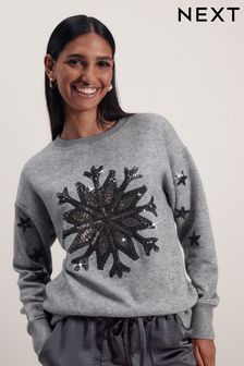 Grey Embellished Sequin Snowflake Christmas Cosy Soft Touch Jumper (776134) | 39 €