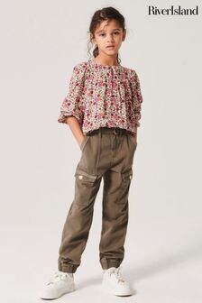 River Island Green Girls Herringbone Belted Cargo 100% Cotton Trousers (777190) | $34