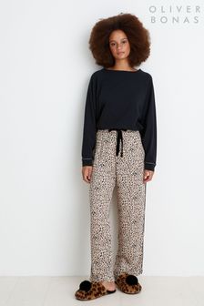 Oliver Bonas Leopard Print Black Top And Trousers Pyjama Set