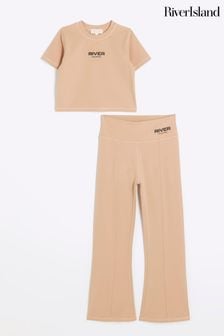 River Island Brown Girls Active Kickflare T-Shirt and Trousers Set (781355) | OMR11