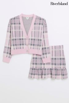 粉色 - River Island女童裝方格圖案褶邊開襟毛衣套裝 (781415) | HK$380 - HK$473