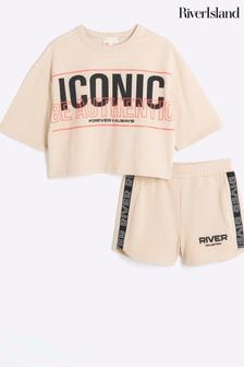 River Island Cream Girls Active T-Shirt and Shorts Set (781425) | kr400