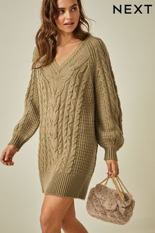 Khaki Green Cable V-Neck Knit Dress (781579) | 22 €