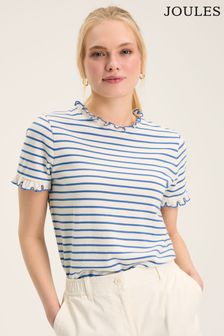 Joules Daisy Cream & Blue Short Sleeve Frilled Neck Top (784691) | KRW74,600