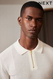 White Knitted Textured Zip Neck Polo Shirt (785961) | €47