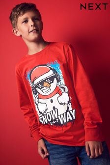 Rouge motif bonhomme de neige - T-shirt de Noël graphique à manches longues (4-16 ans) (787681) | €6 - €10