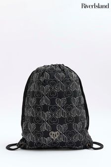 River Island Black Girls Nylon Heart Quilt Drawstring Backpack (789153) | €7