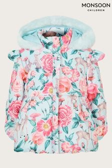 Monsoon Blue Baby Woodland Print Frill Padded Coat (791103) | LEI 269 - LEI 292