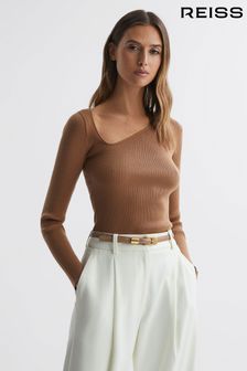 Reiss Camel Sasha Fitted Ribbed Asymmetric Neck T-Shirt (792340) | €128