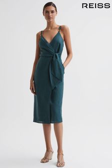 Reiss Dark Teal Elsie Linen Side Tie Midi Dress (793692) | €229
