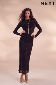 Black/Gold Crochet Mesh Sparkle Sheer Long Sleeve Midi Length Dress (796388) | €21