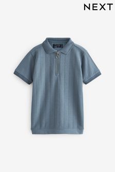 Niebieski - Textured Short Sleeve Zip Neck Polo Shirt (3-16 lat) (796554) | 70 zł - 100 zł