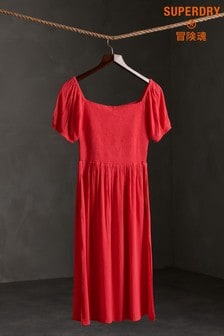 Superdry Red Kala Smocked Midi Dress