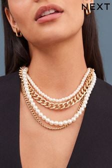 Gold Tone Pearl Chain Multi Layer Necklace (797793) | LEI 114