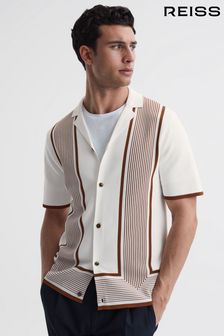 Reiss White/Camel Heath Striped Cuban Collar Shirt (798266) | OMR96